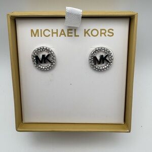Michael Kors Silver-Tone MK Crystal Stud Earrings